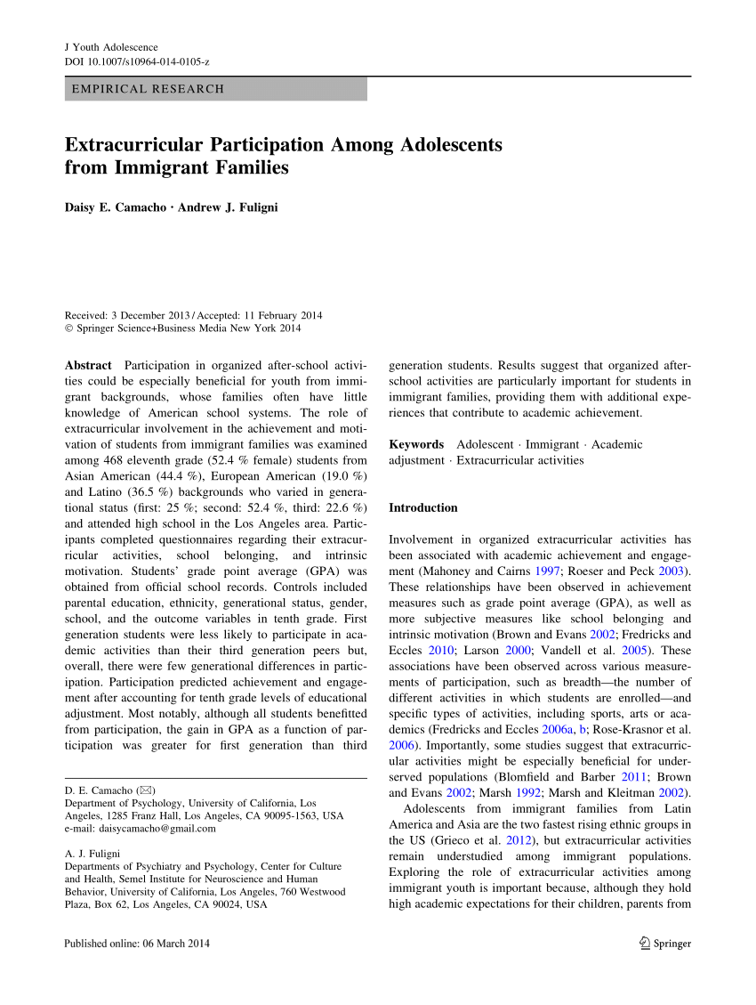 Pdf Extracurricular Participation Among Adolescents From Immigrant Families