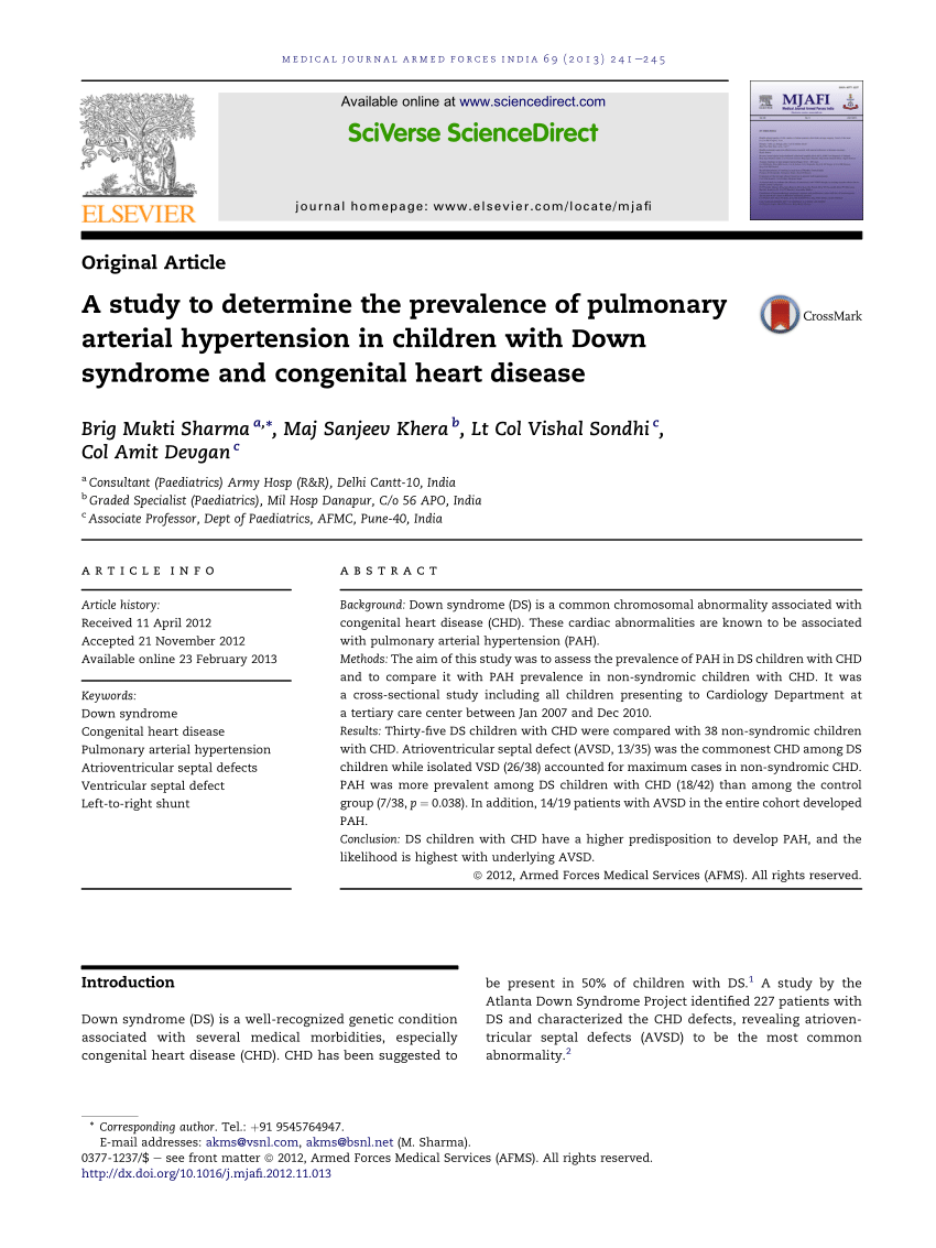 Pdf A Study To Determine The Prevalence Of Pulmonary Arterial Hypertension In Children With Down Syndrome And Congenital Heart Disease