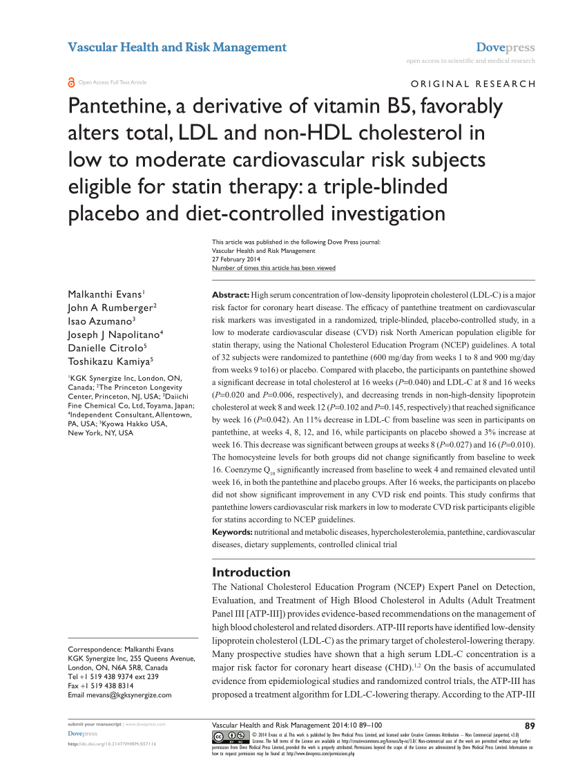 (PDF) Pantethine, a derivative of vitamin B5, favorably alters total, LDL  and non-HDL cholesterol in low to moderate cardiovascular risk subjects  eligible for statin therapy: A triple-blinded placebo and diet-controlled  investigation