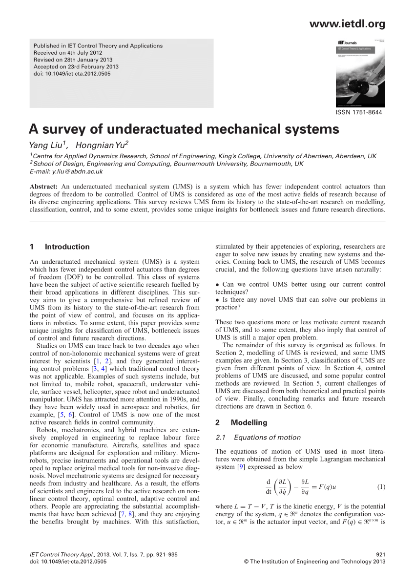 PDF) A survey of underactuated mechanical systems