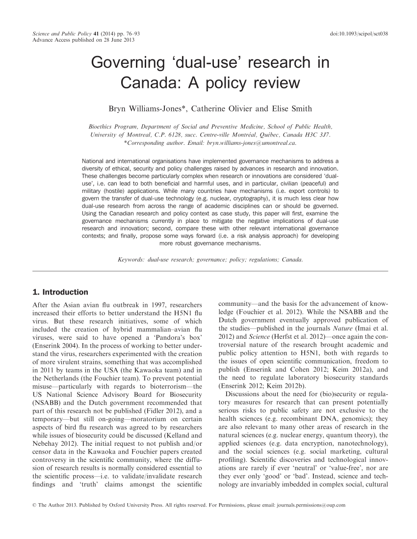 PDF) Governing 'Dual-Use' Research in Canada: A Policy Review