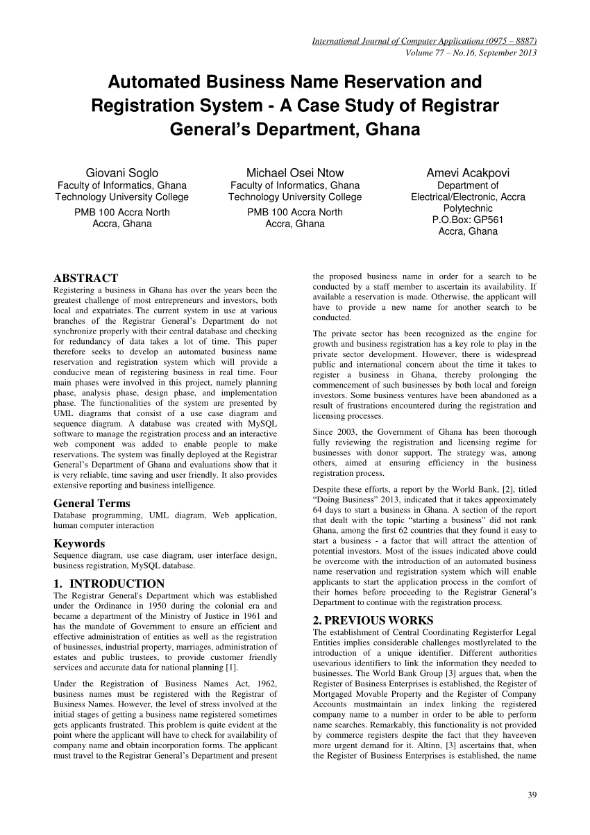 Pdf Automated Business Name Reservation And Registration System A Case Study Of Registrar General S Department Ghana