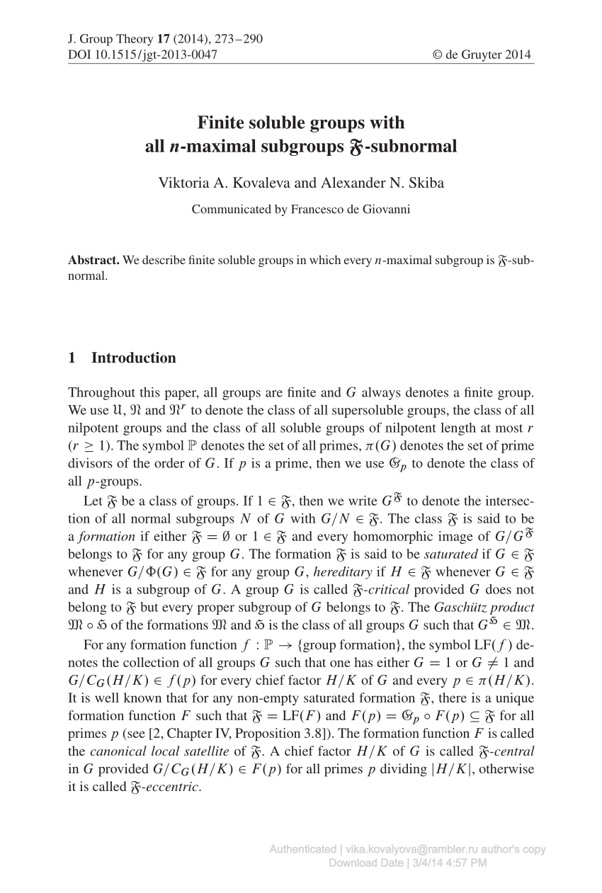 Pdf Finite Soluble Groups With All N Maximal Subgroups F Subnormal