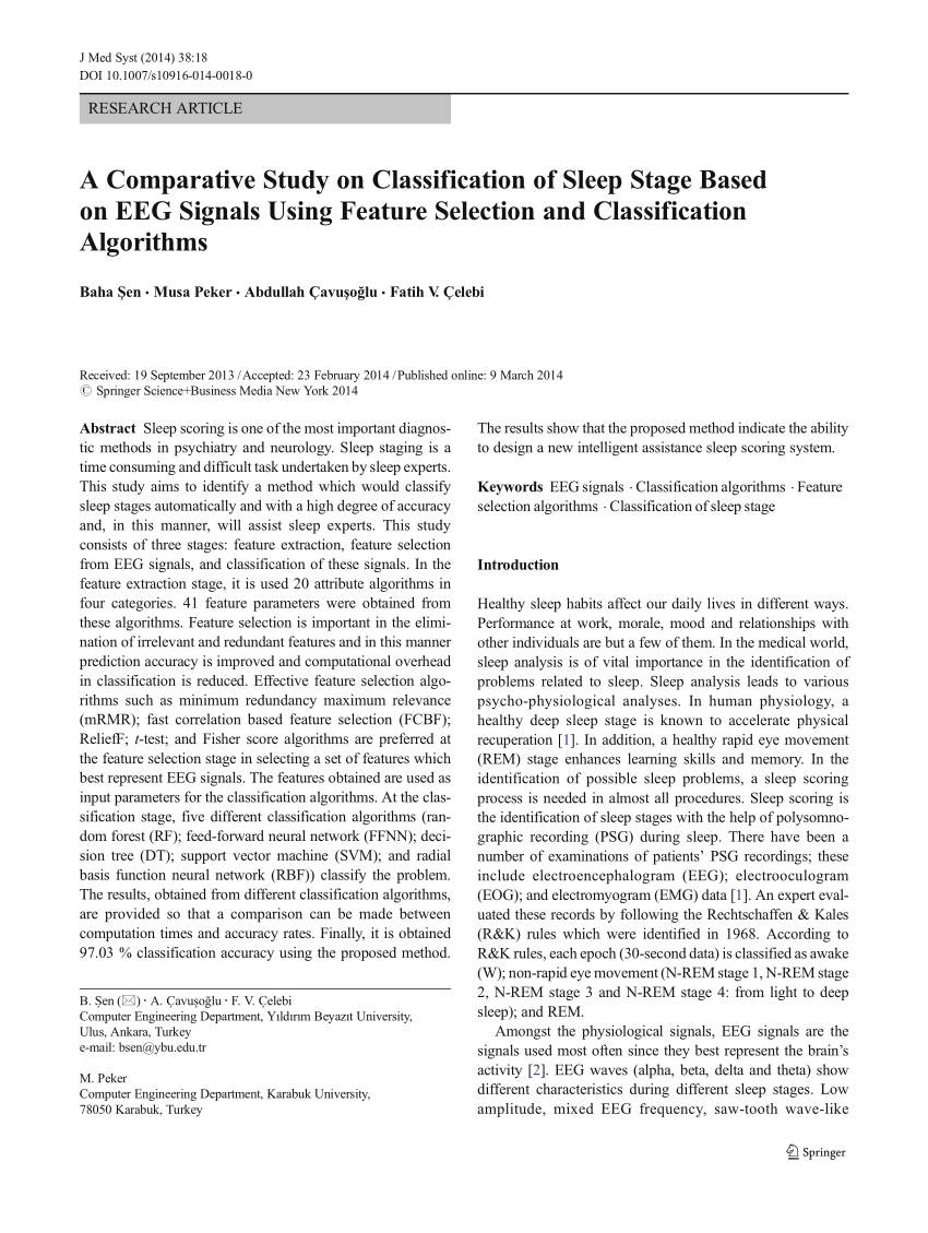 Pdf A Comparative Study On Classification Of Sleep Stage Based On Eeg Signals Using Feature Selection And Classification Algorithms