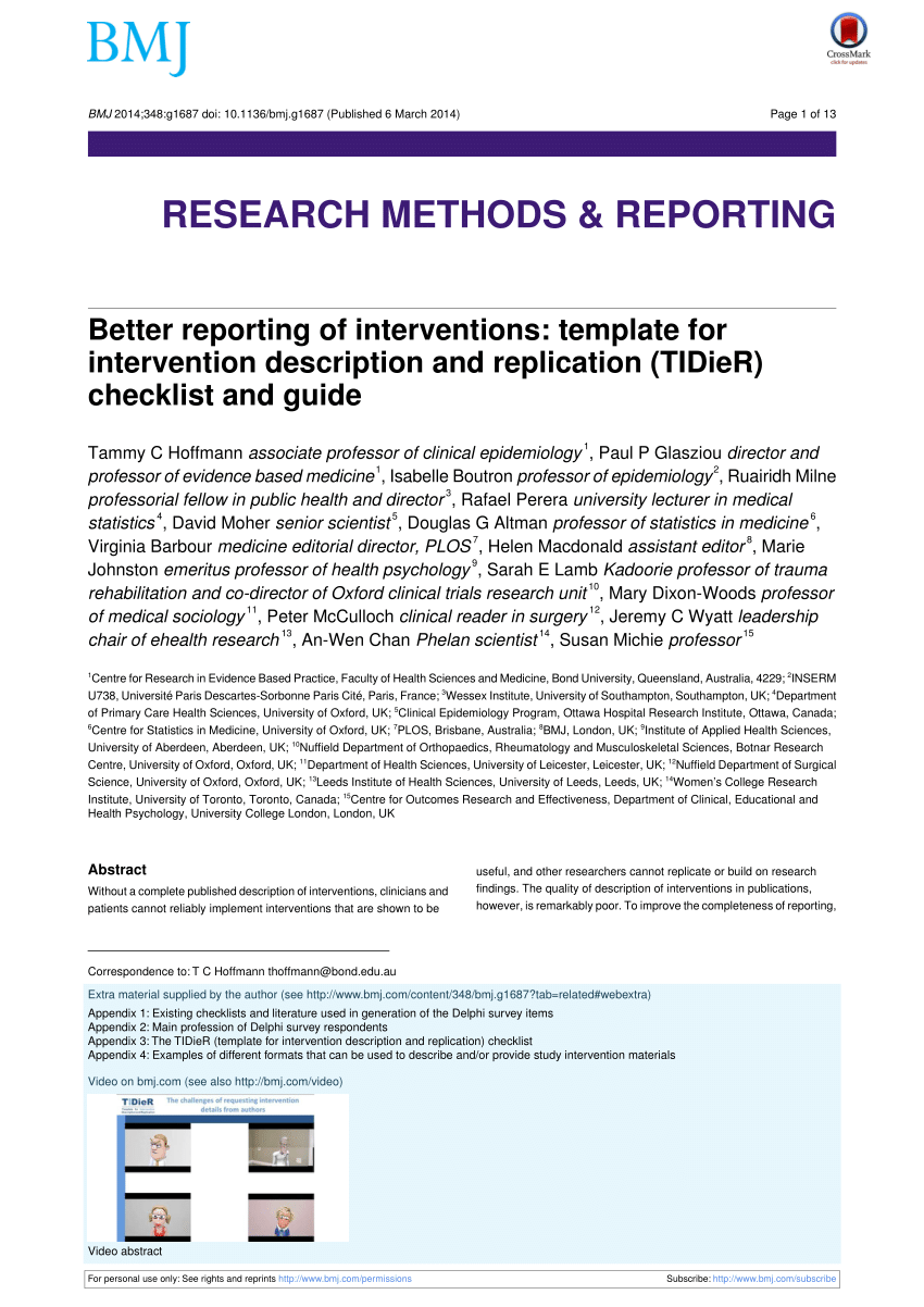PDF) [Better Reporting of Interventions: Template for Intervention Intended For Intervention Report Template