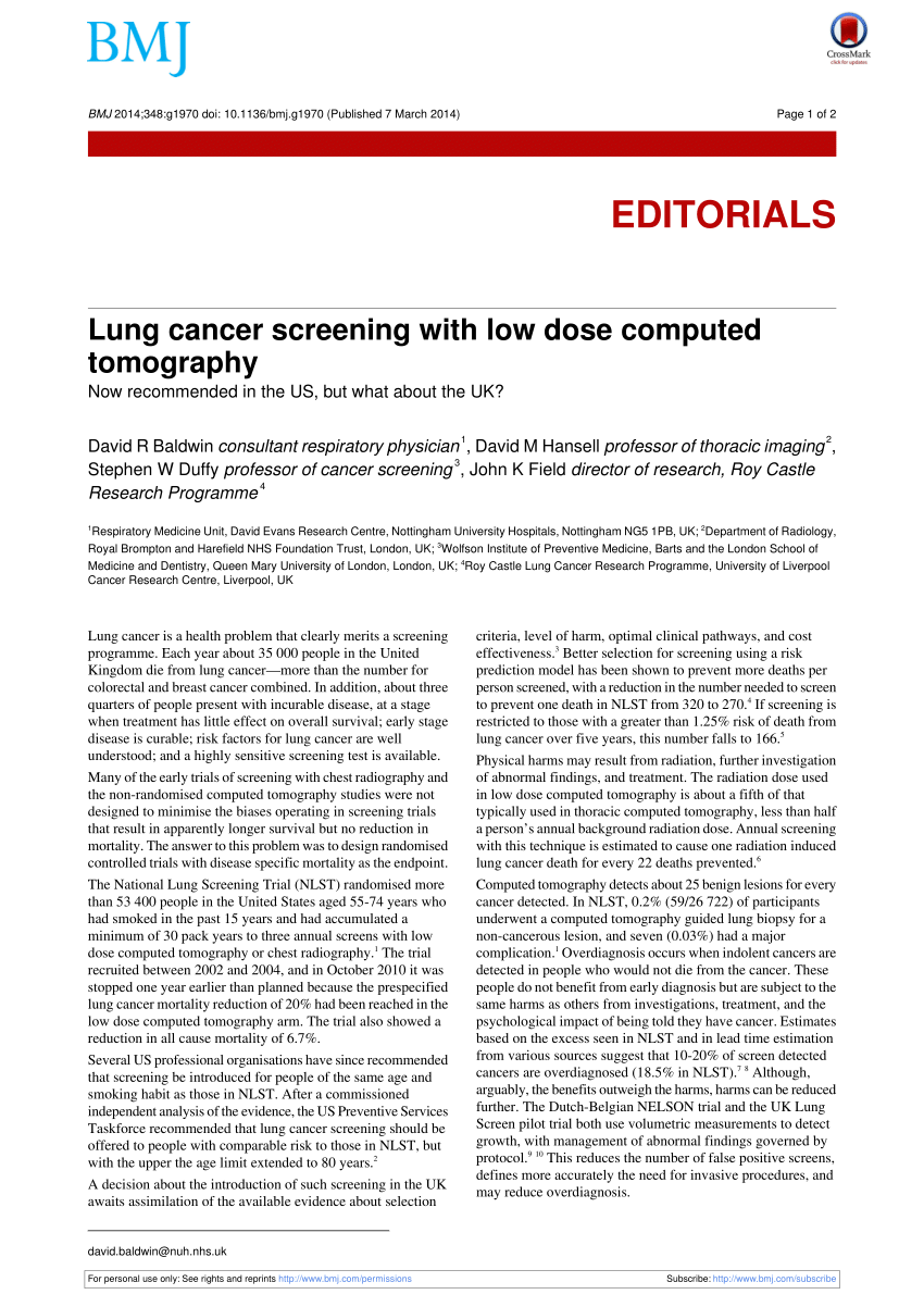 sekundær areal Ewell PDF) Lung cancer screening with low dose computed tomography
