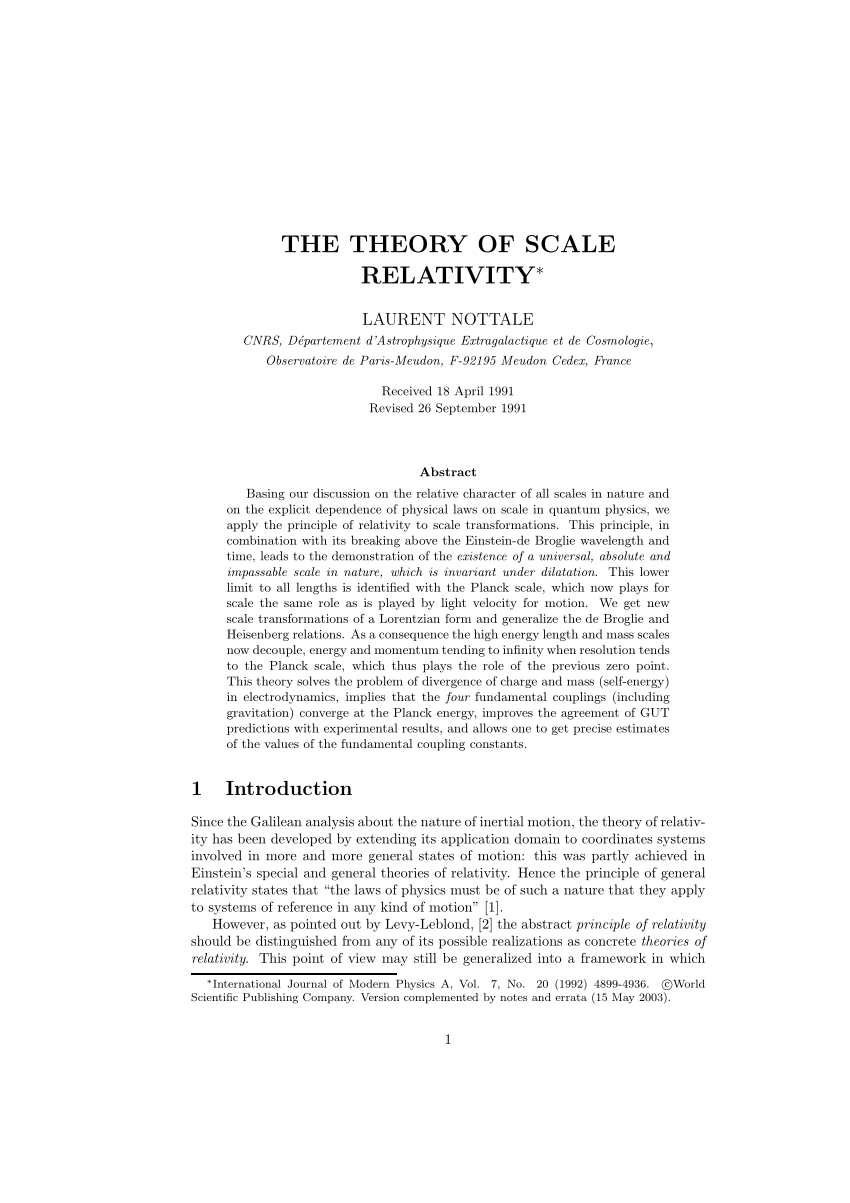 Pdf The Theory Of Scale Relativity