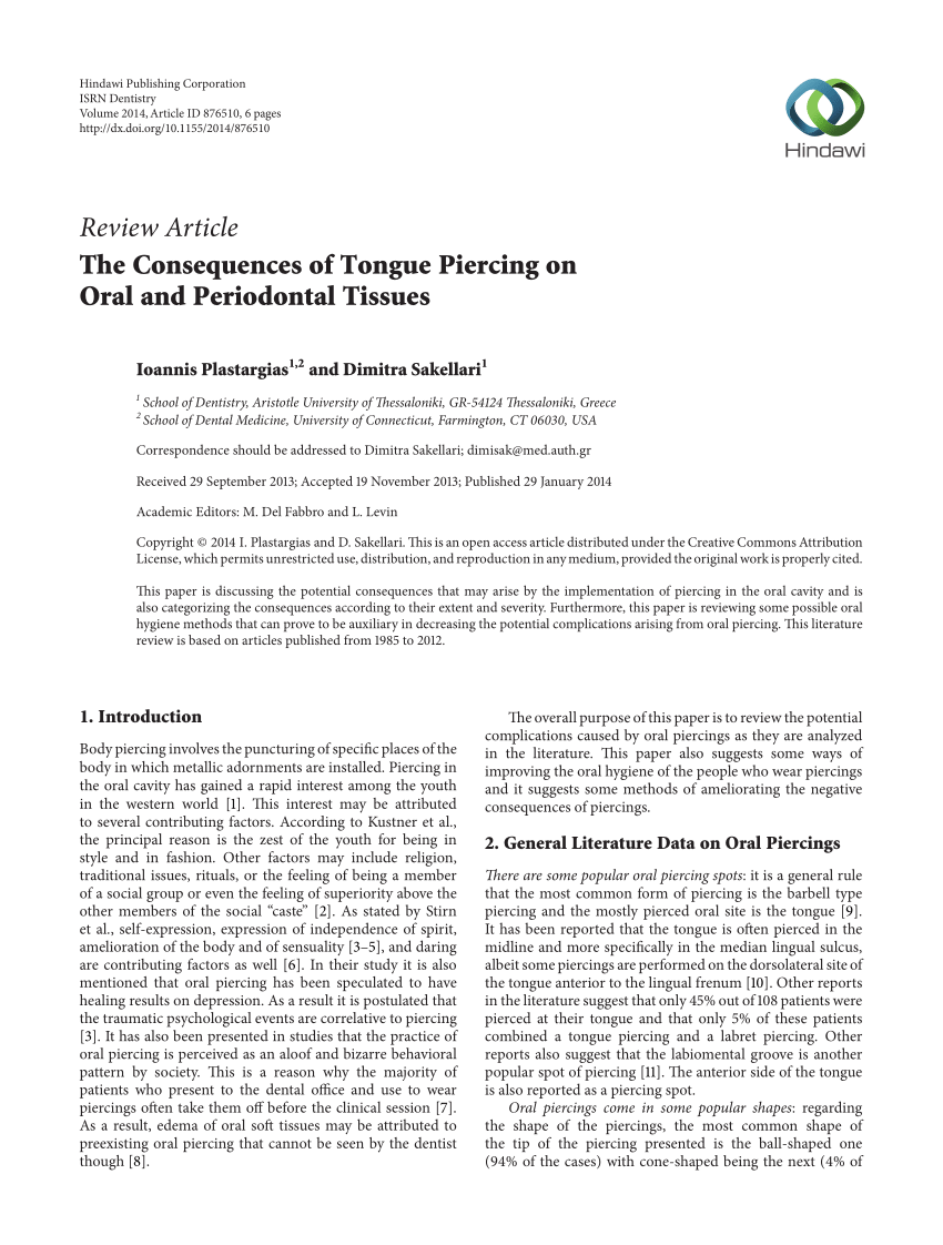 PDF) The Consequences of Tongue Piercing on Oral and Periodontal Tissues