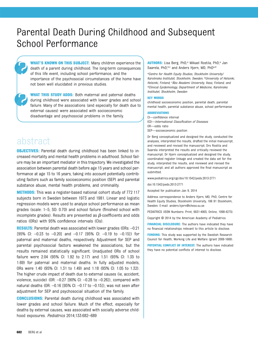 PDF) Parental Death During Childhood and Subsequent School Performance