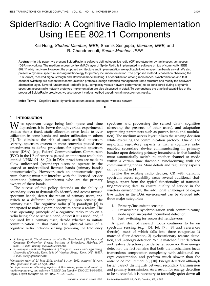 Pdf Spiderradio A Cognitive Radio Implementation Using Ieee 802 11 Components