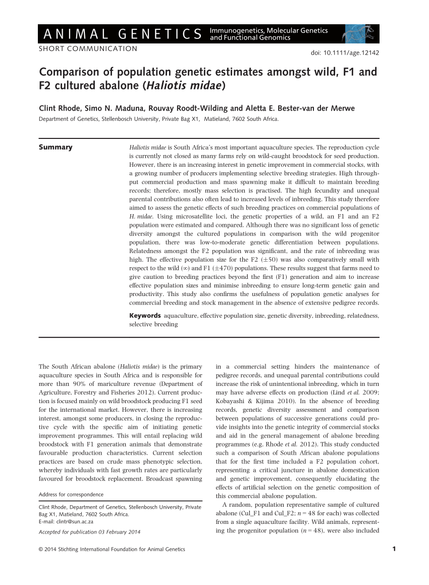 Pdf Comparison Of Population Genetic Estimates Amongst Wild F1 And F2 Cultured Abalone Haliotis Midae
