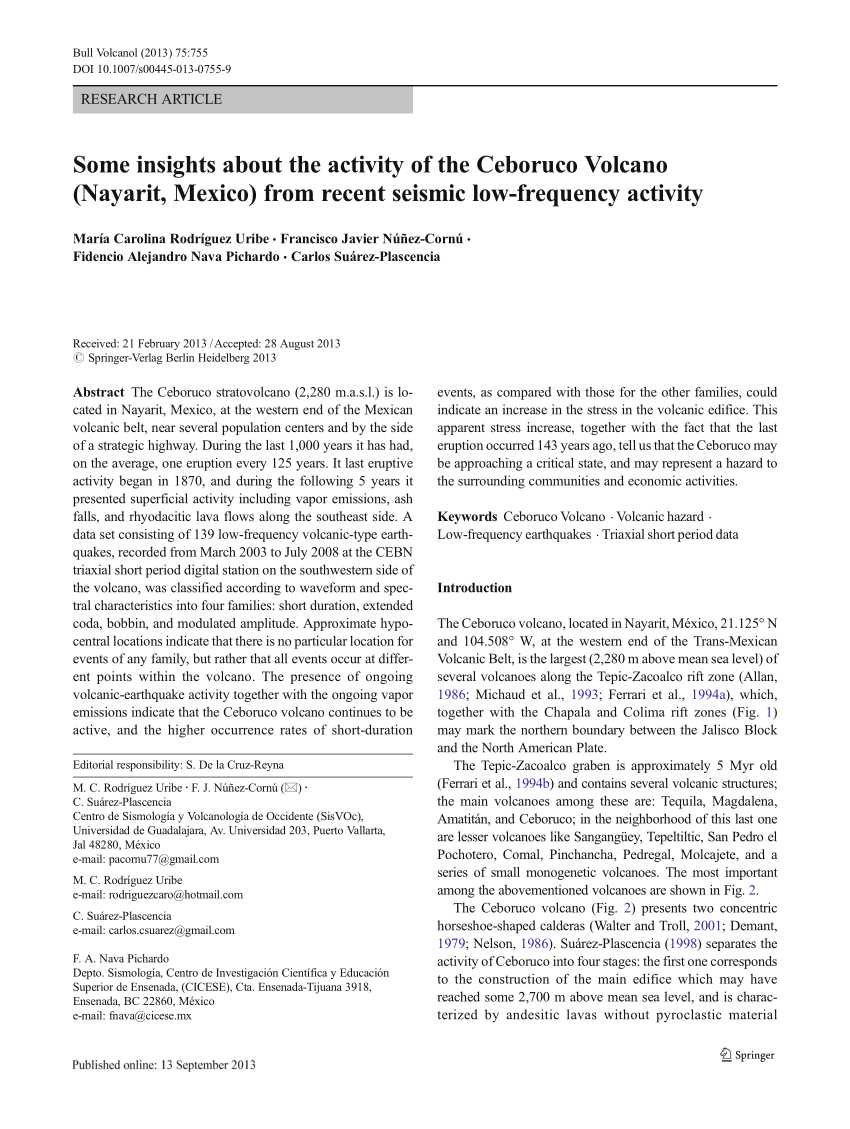 Pdf Some Insights About The Activity Of The Ceboruco Volcano Nayarit Mexico From Recent Seismic Low Frequency Activity