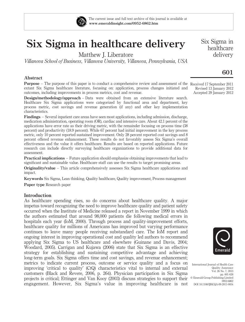 PDF) Six Sigma in healthcare delivery