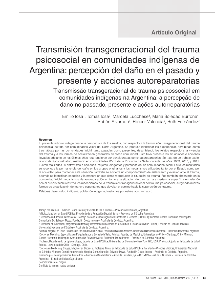 PDF) Transmisión transgeneracional del trauma psicosocial en comunidades  indígenas de Argentina: percepción del daño en el pasado y presente y  acciones autoreparatorias