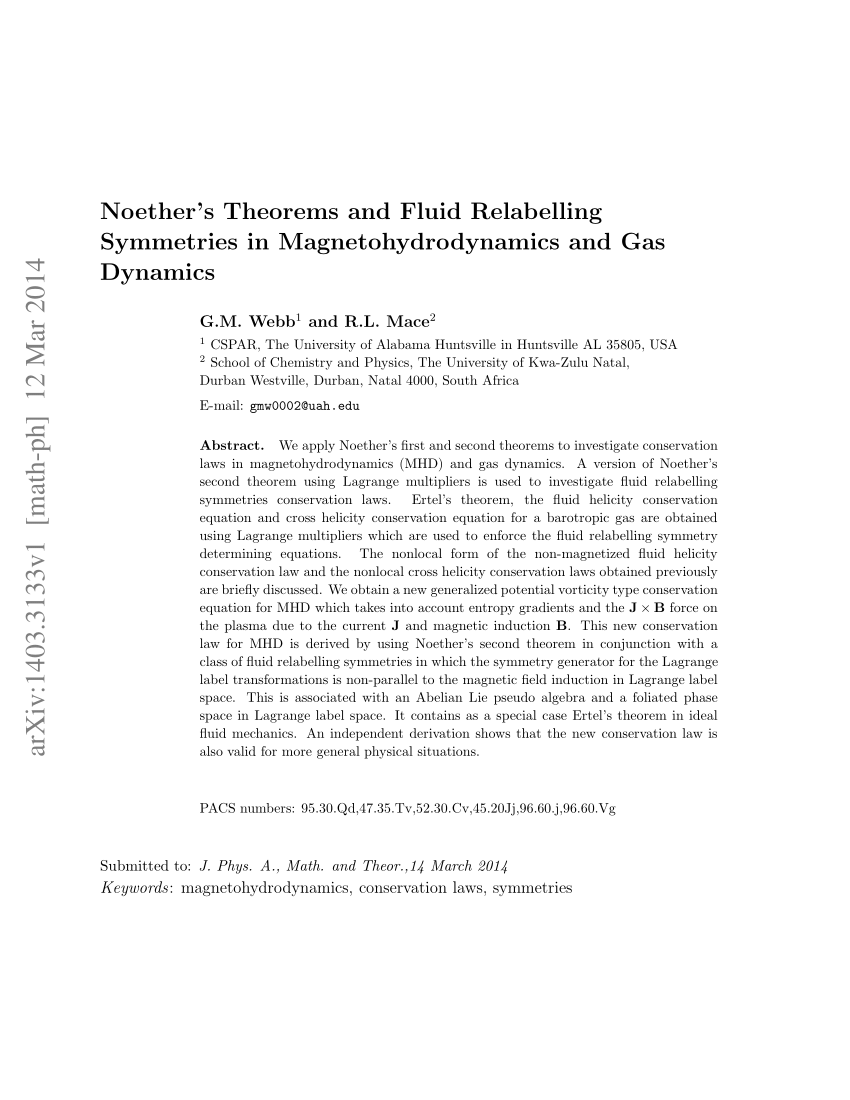 Pdf Noether S Theorems And Fluid Relabelling Symmetries In Magnetohydrodynamics And Gas Dynamics