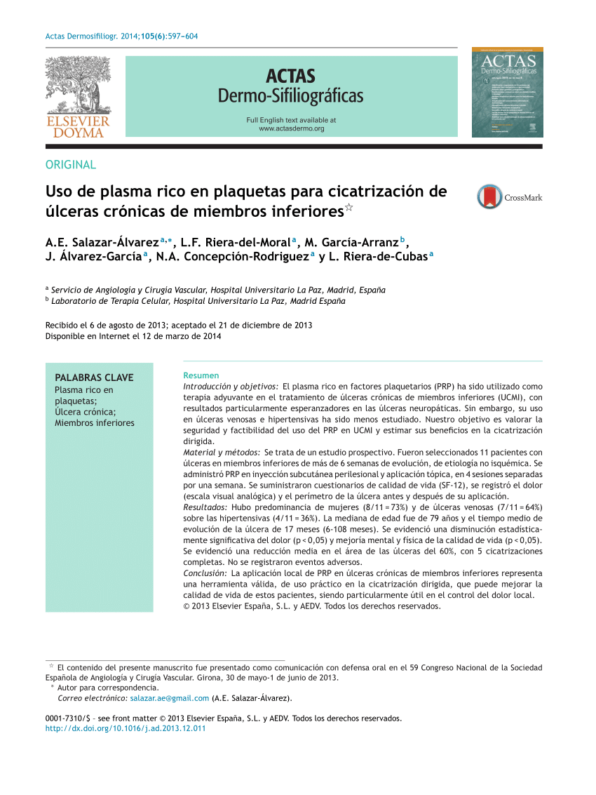 Pdf Uso De Plasma Rico En Plaquetas Para Cicatrización De úlceras Crónicas De Miembros Inferiores 0522