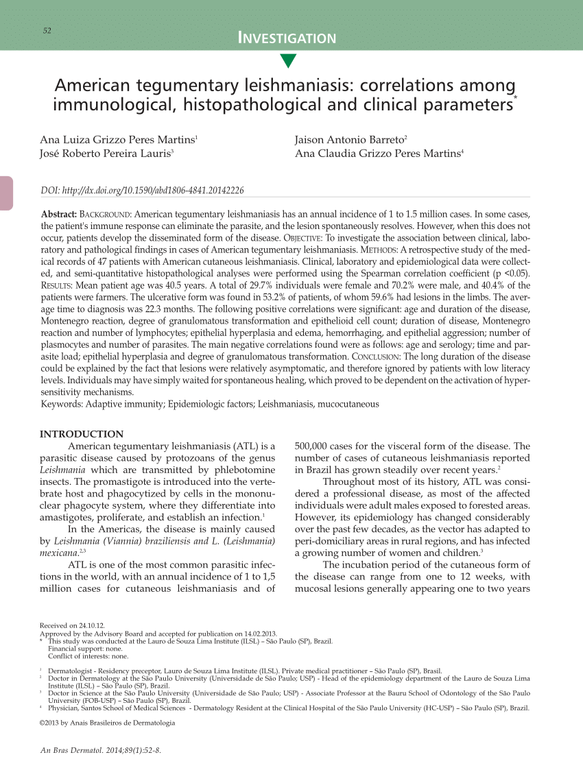 Pdf American Tegumentary Leishmaniasis Correlations Among Immunological Histopathological