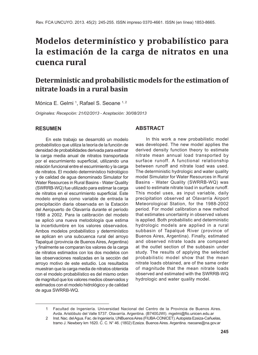 PDF) Modelos determinístico y probabilístico para la estimación de la carga  de nitratos en una cuenca rural