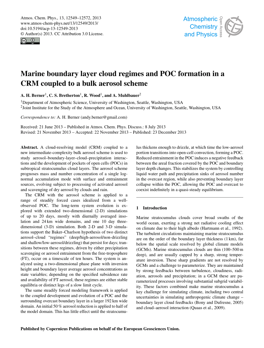 PDF) Marine boundary layer cloud regimes and POC formation in a CRM coupled  to a bulk aerosol scheme