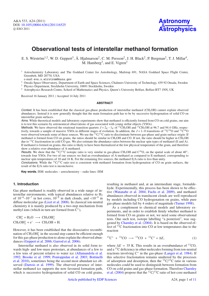 Pdf Observational Tests Of Interstellar Methanol Formation