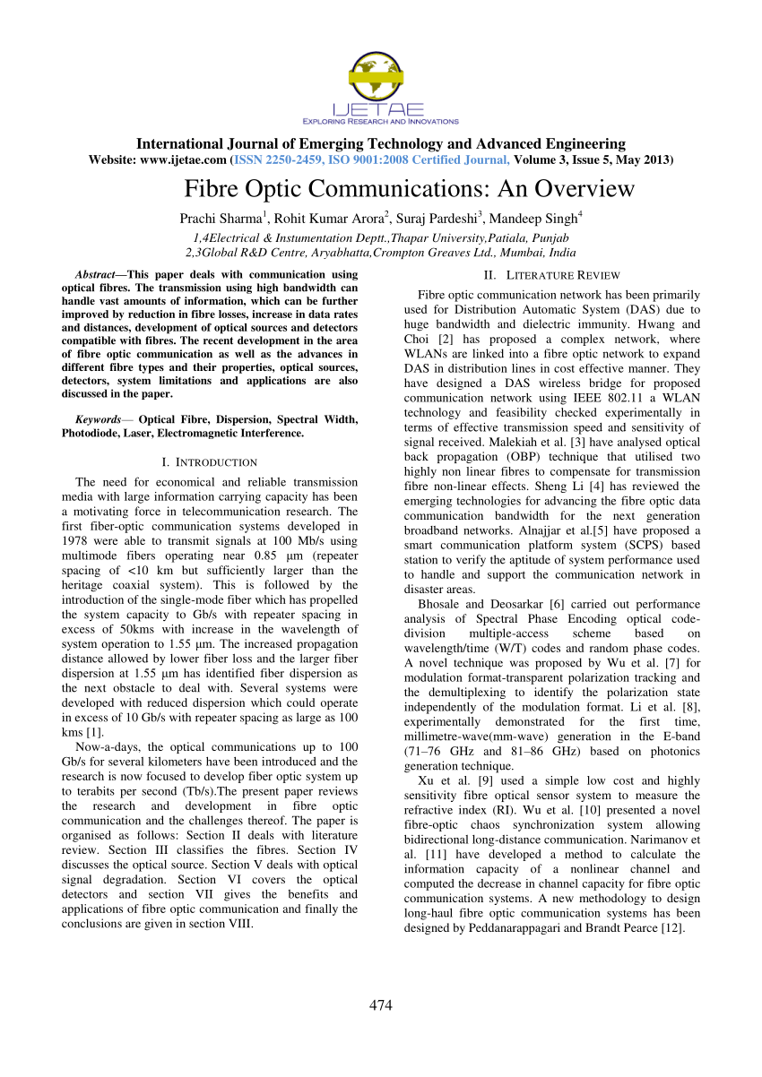 research paper on optical fiber communication pdf