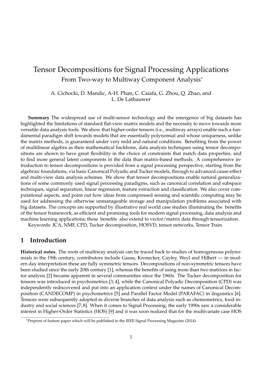 Pdf Tensor Decompositions For Signal Processing Applications From Two Way To Multiway Component Analysis