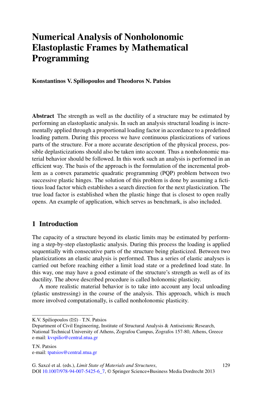 PDF) Numerical Analysis of Nonholonomic Elastoplastic Frames by ...