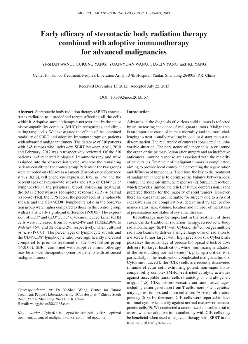 Pdf Early Efficacy Of Stereotactic Body Radiation Therapy Combined With Adoptive Immunotherapy 