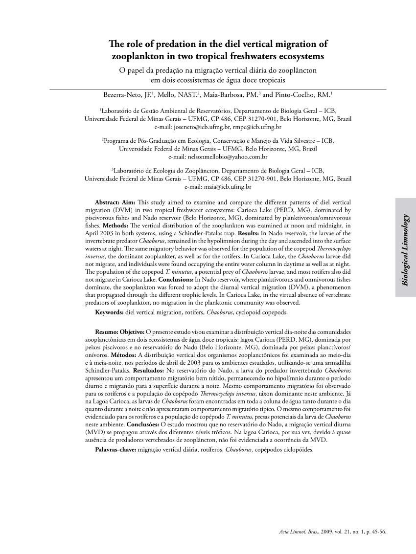 PDF) Diel vertical migration of the copepod Thermocyclops inversus (Kiefer,  1936) in a tropical reservoir: The role of oxygen and the spatial overlap  with Chaoborus