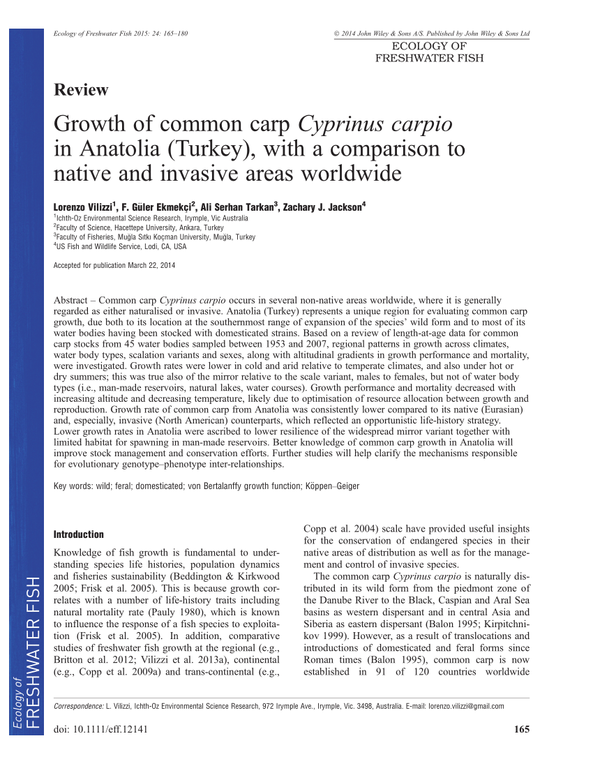 Pdf Growth Of Common Carp Cyprinus Carpio In Anatolia Turkey With A Comparison To Native And Invasive Areas Worldwide