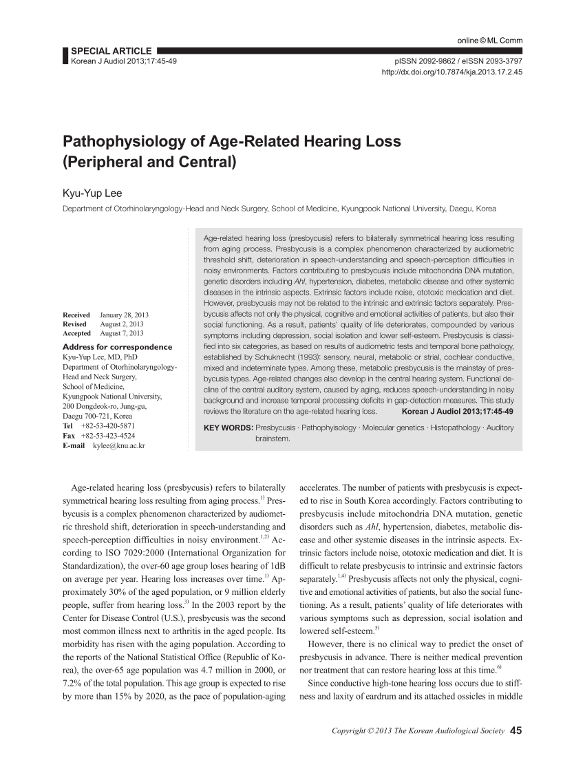 Pdf Pathophysiology Of Age Related Hearing Loss Peripheral And Central