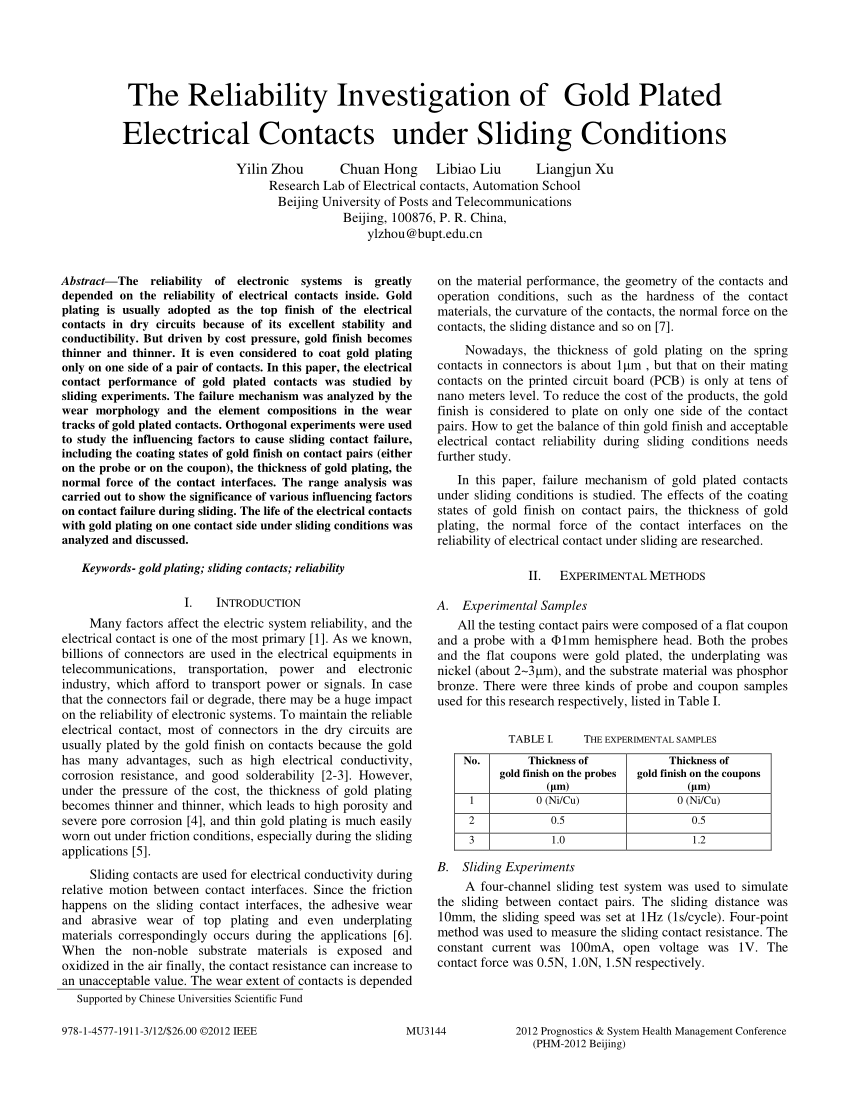 Pdf The Reliability Investigation Of Gold Plated Electrical Contacts Under Sliding Conditions