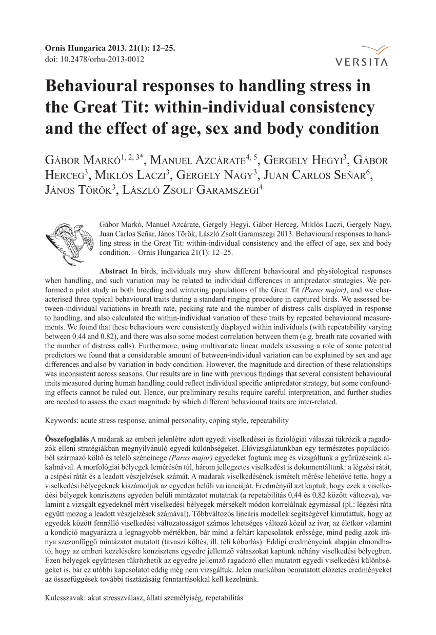 PDF) Behavioural responses to handling stress in the Great Tit:  within-individual consistency and the effect of age, sex and body condition