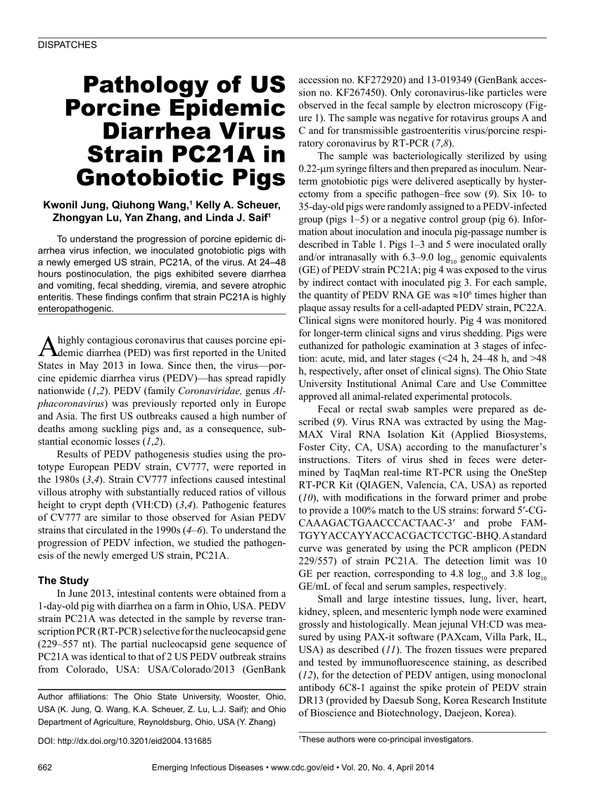 Pdf Pathology Of Us Porcine Epidemic Diarrhea Virus Strain Pc21a In Gnotobiotic Pigs