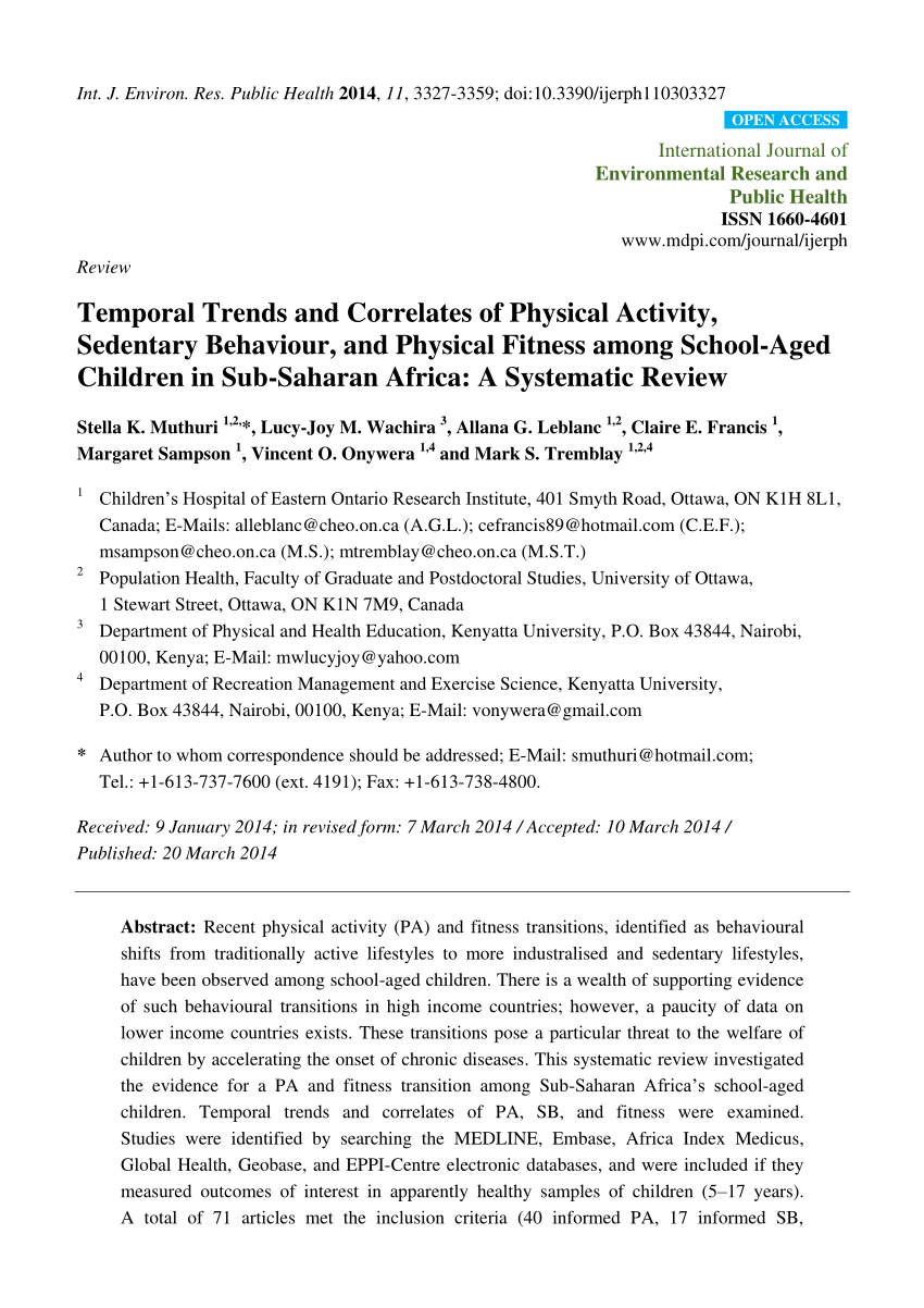 Pdf Temporal Trends And Correlates Of Physical Activity Sedentary Behaviour And Physical Fitness Among School Aged Children In Sub Saharan Africa A Systematic Review