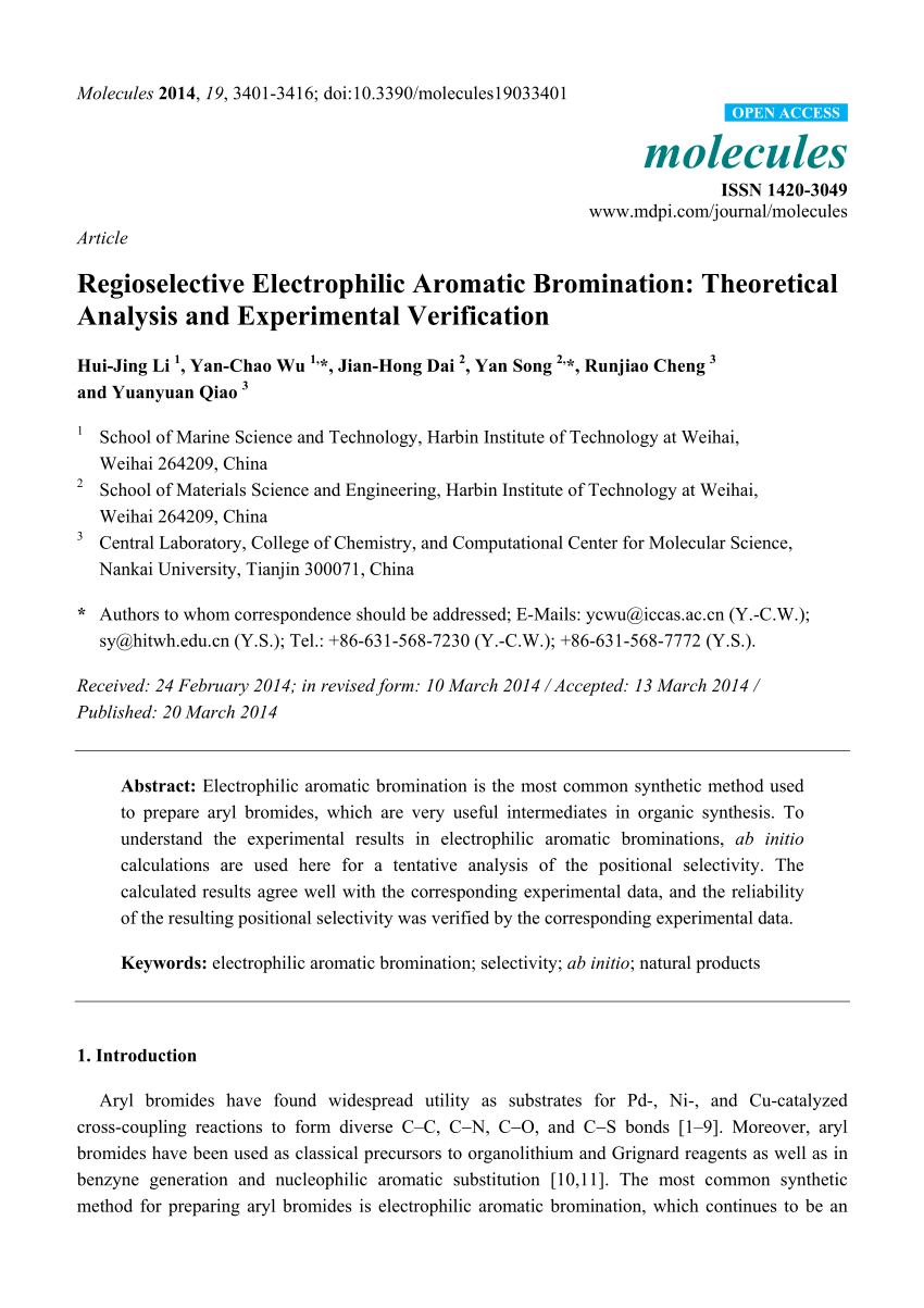 Pdf Regioselective Electrophilic Aromatic Bromination Theoretical Analysis And Experimental Verification