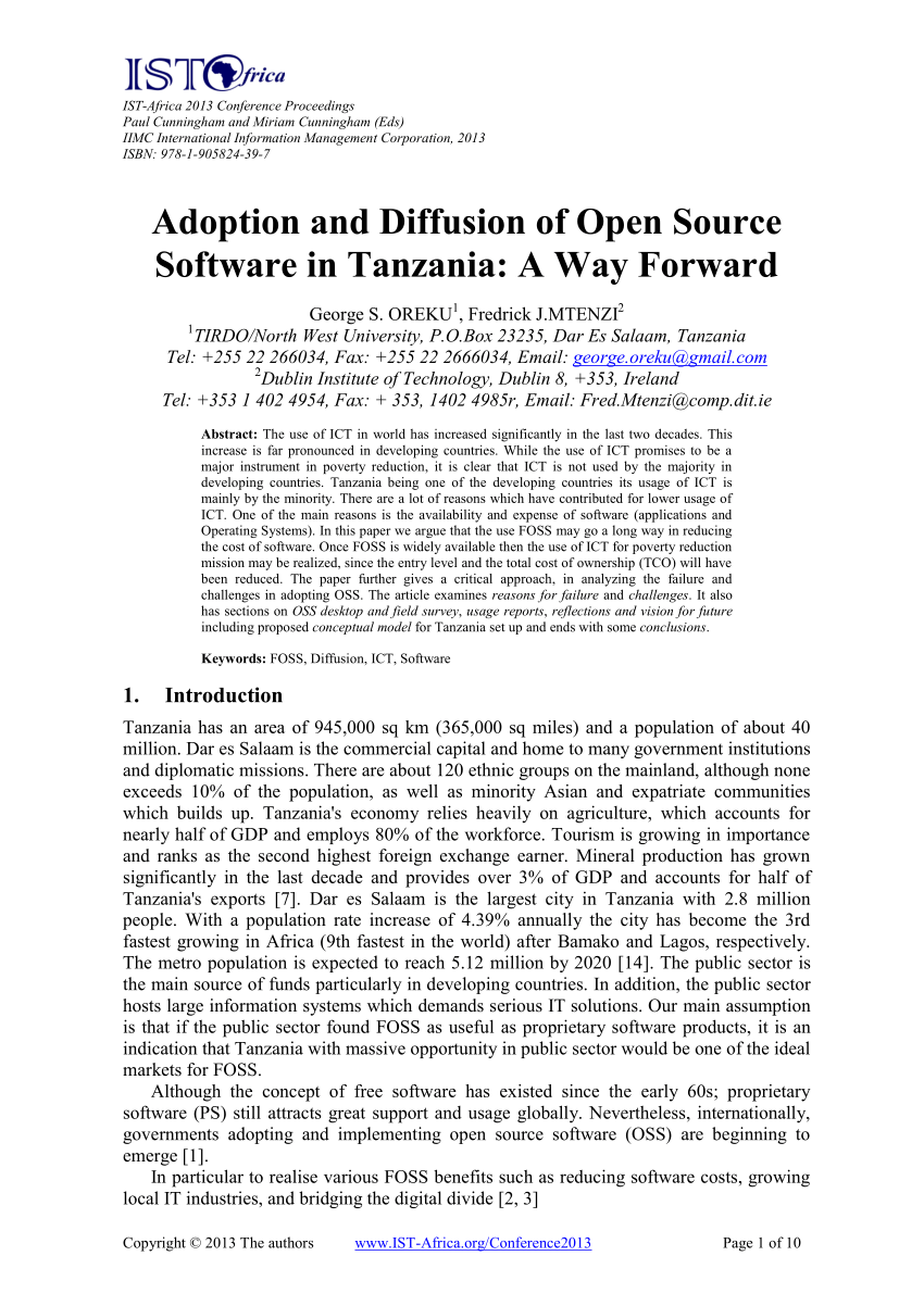 Pdf Adoption And Diffusion Of Open Source Software In Tanzania A Way Forward