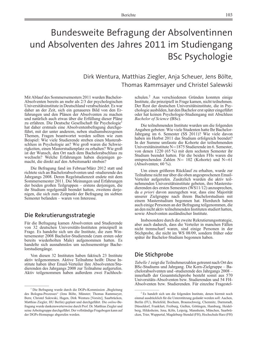 Pdf Bundesweite Befragung Der Absolventinnen Und Absolventen Des Jahres 2011 Im Studiengang Bsc Psychologie