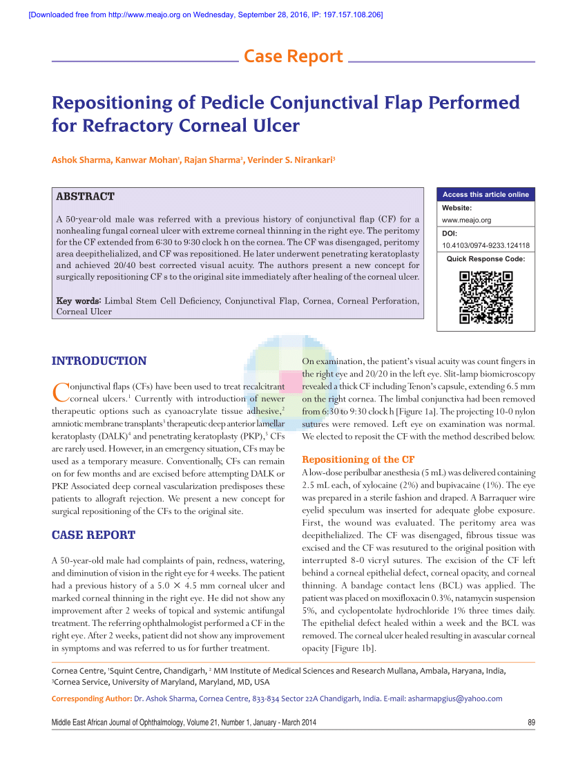 Pdf Repositioning Of Pedicle Conjunctival Flap Performed For Refractory Corneal Ulcer