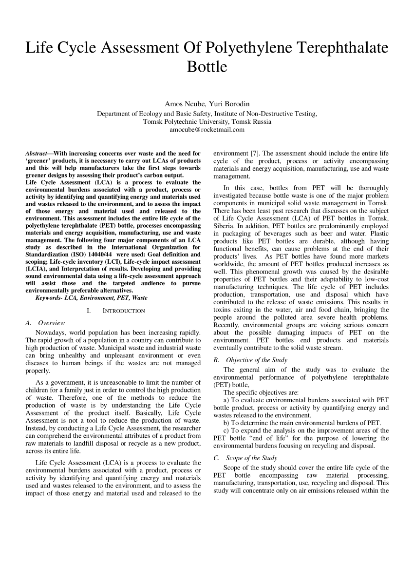 PDF Life Cycle Assessment of polyethylene terephthalate bottle