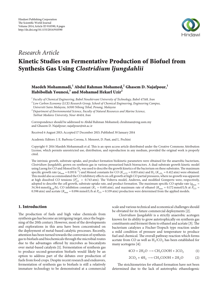 Pdf Kinetic Studies On Fermentative Production Of Biofuel From Synthesis Gas Using Clostridium Ljungdahlii
