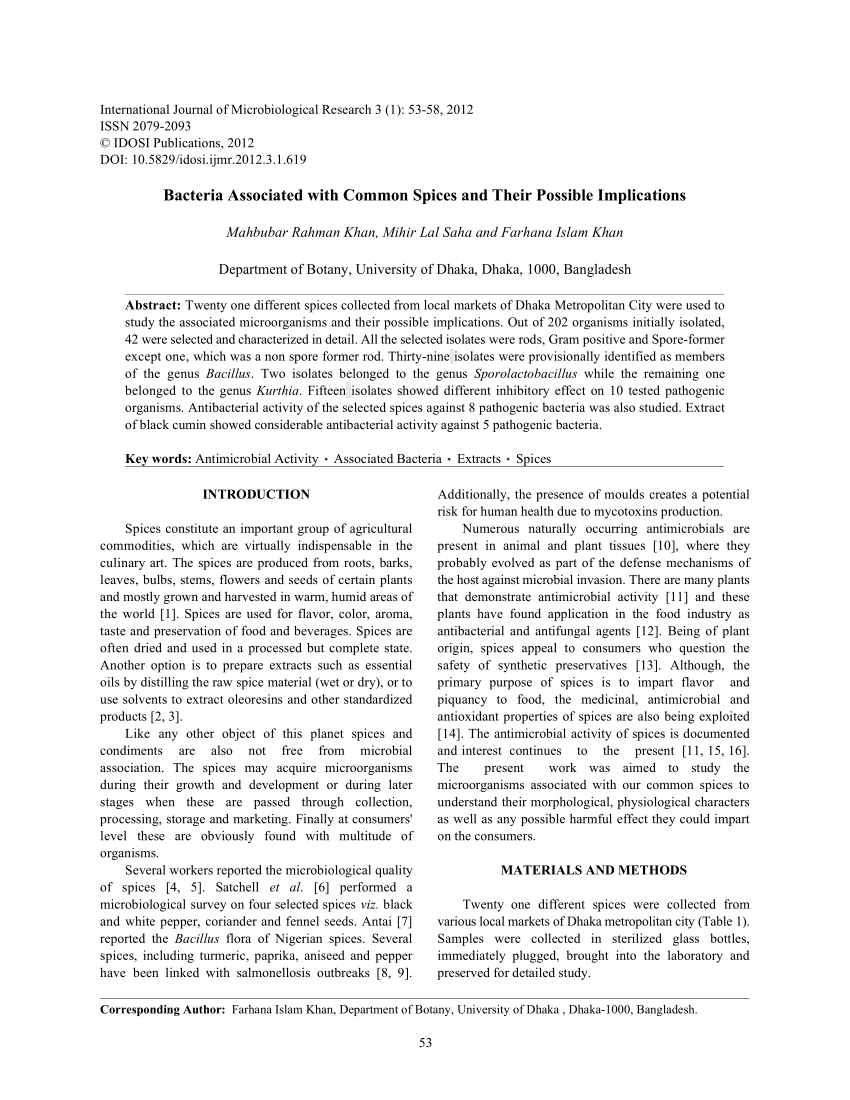 Pdf Bacteria Associated With Common Spices And Their Possible Implications