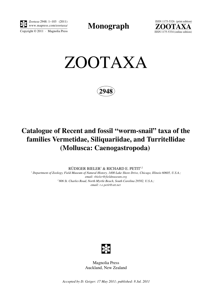 PDF) Catalogue of Recent and fossil worm-snail taxa of the families  Vermetidae, Siliquariidae, and Turritellidae (Mollusca: Caenogastropoda)