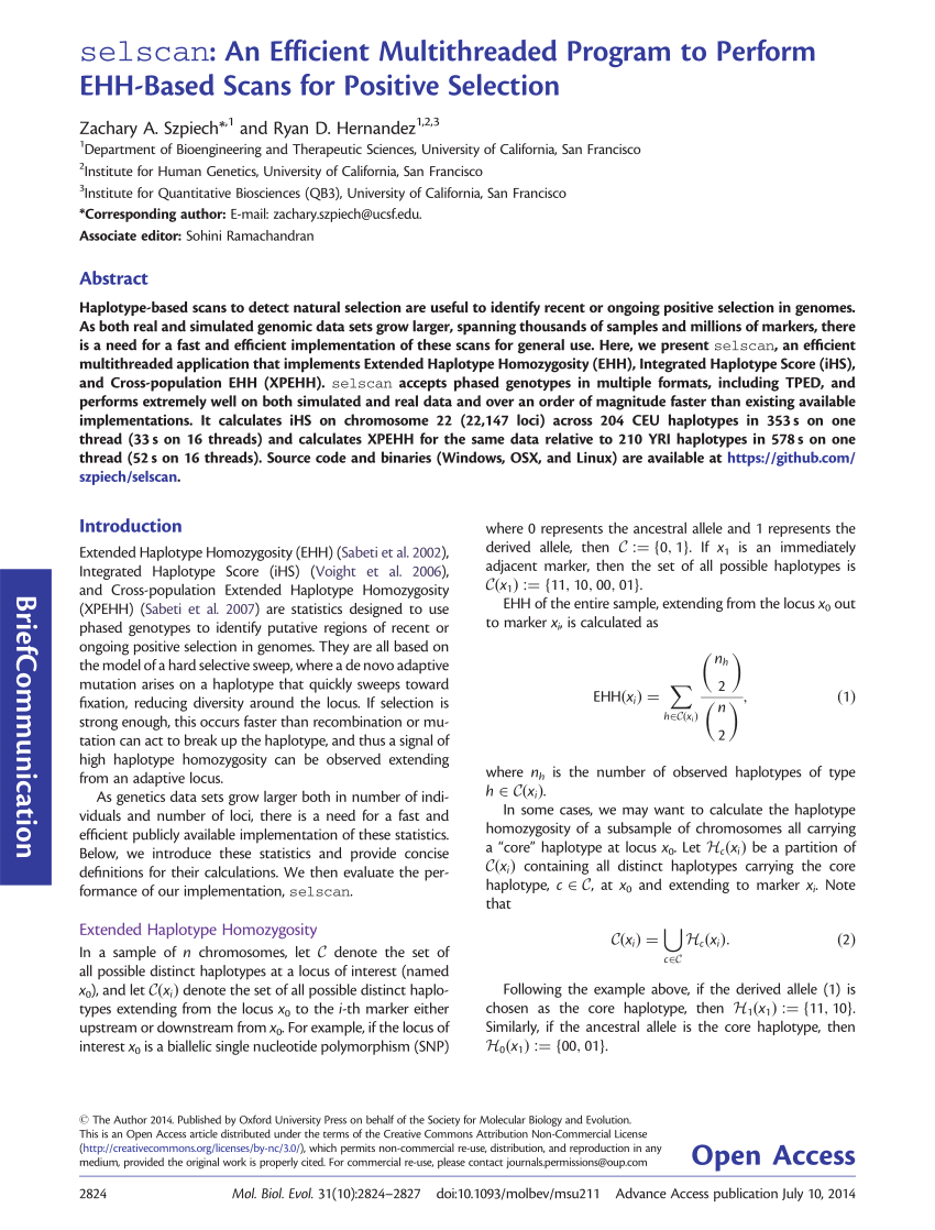 Pdf Selscan An Efficient Multithreaded Program To Perform Ehh Based Scans For Positive Selection