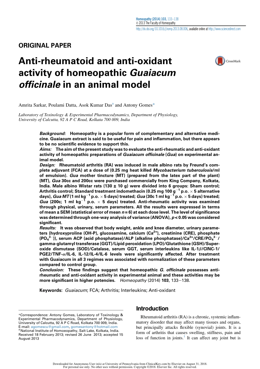 Pdf Anti Rheumatoid And Anti Oxidant Activity Of Homeopathic