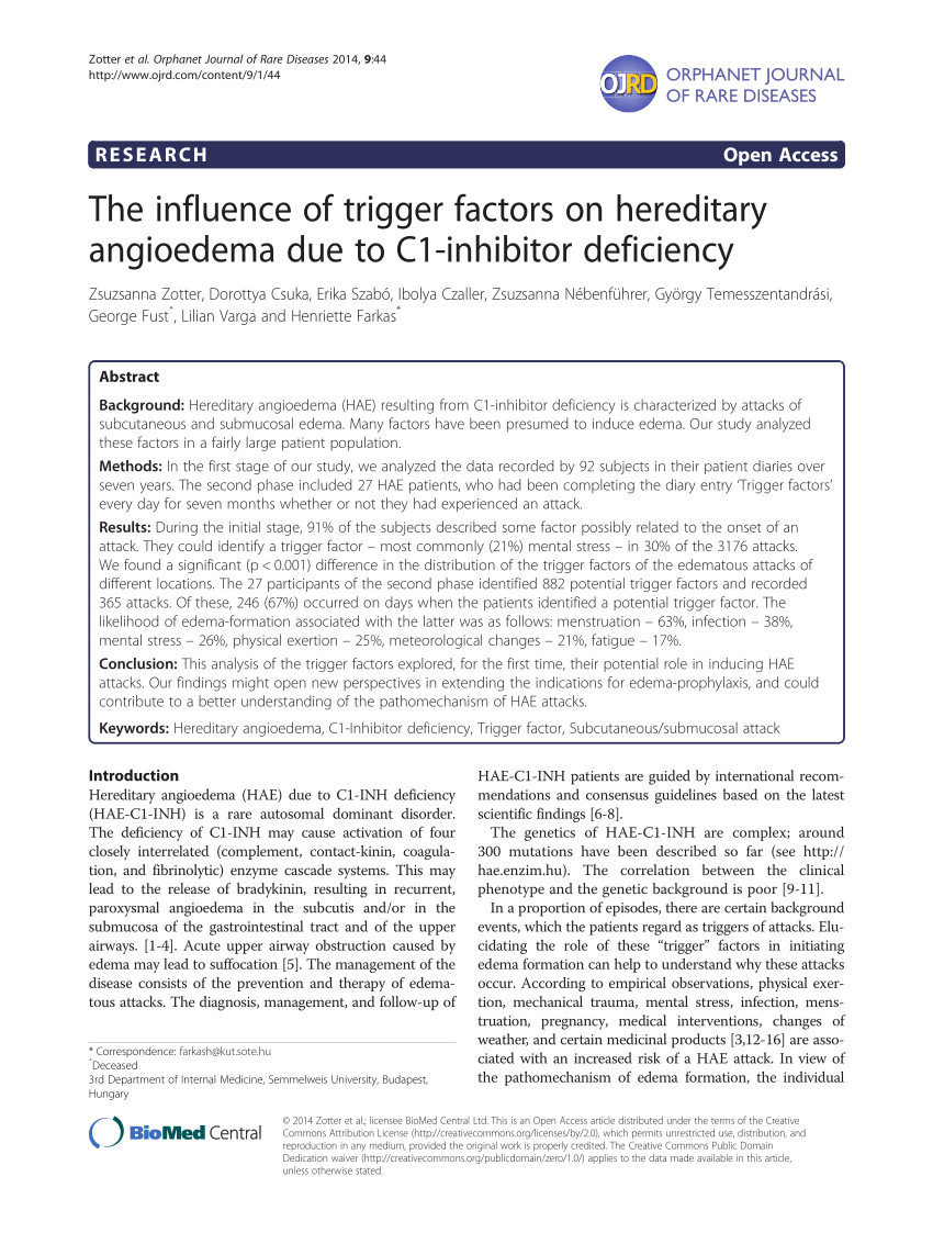 Pdf The Influence Of Trigger Factors On Hereditary Angioedema Due To C1 Inhibitor Deficiency 3670