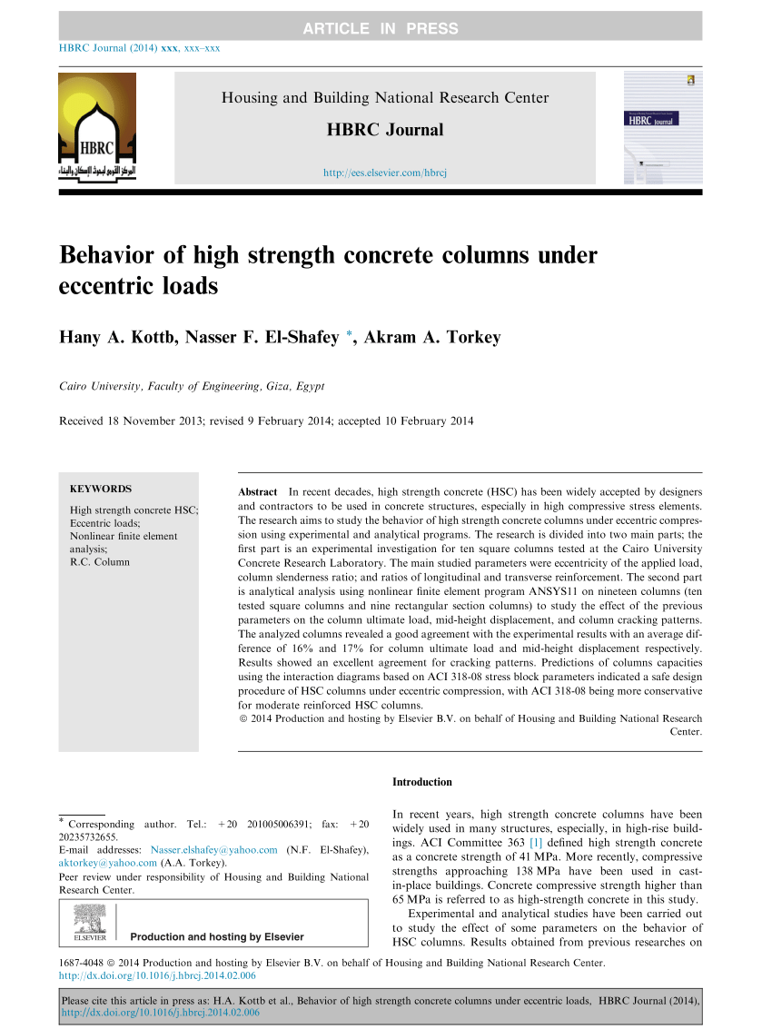 PDF) Behavior of high strength concrete columns under eccentric loads