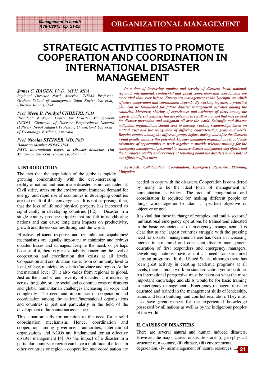 PDF) Promoting cooperation and coordination in international disaster  management