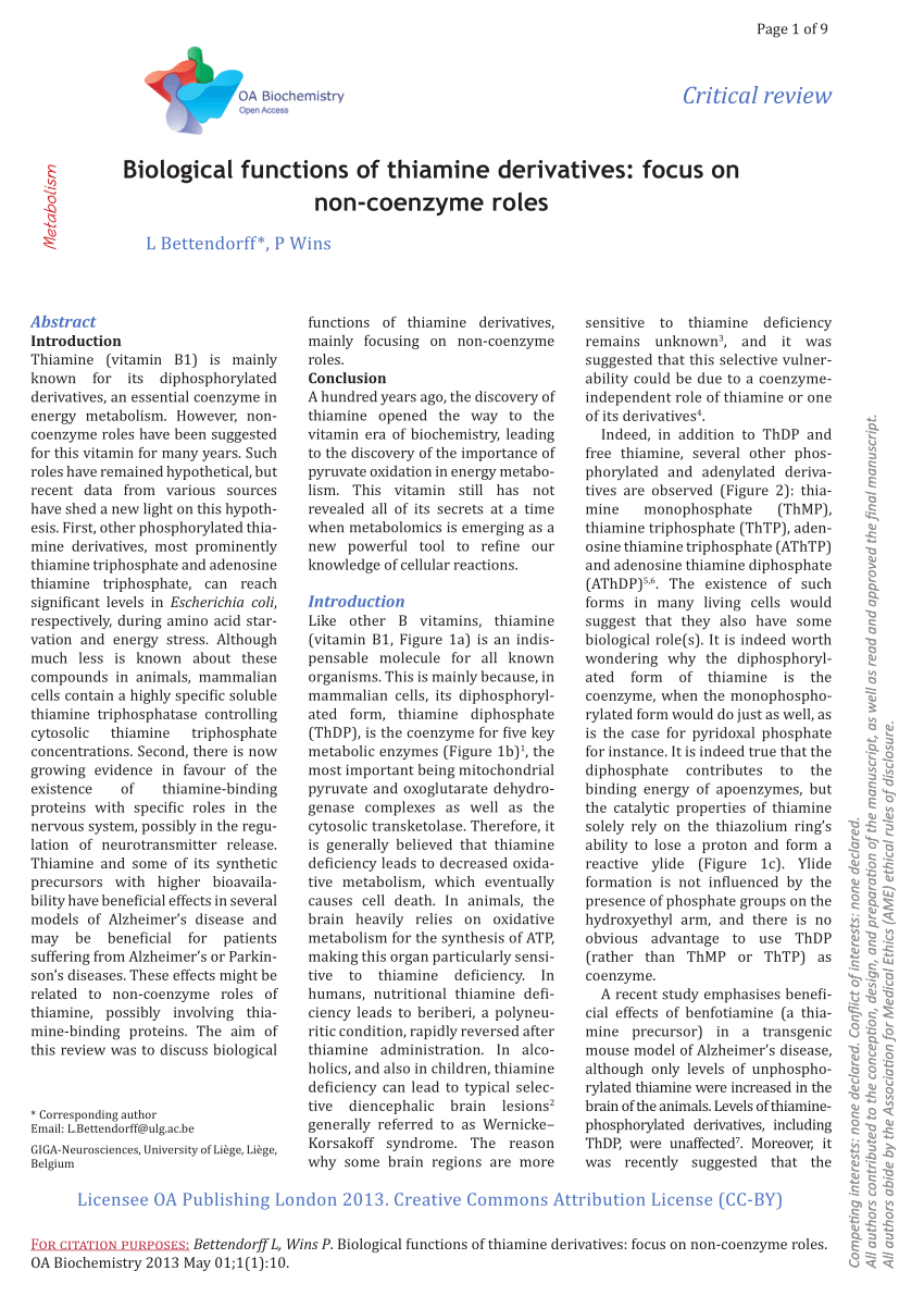 Pdf Biological Functions Of Thiamine Derivatives Focus On Non Coenzyme Roles 