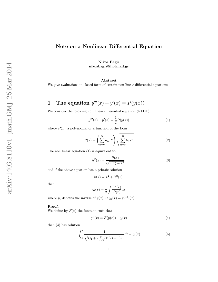 Pdf Note On A Nonlinear Differential Equation